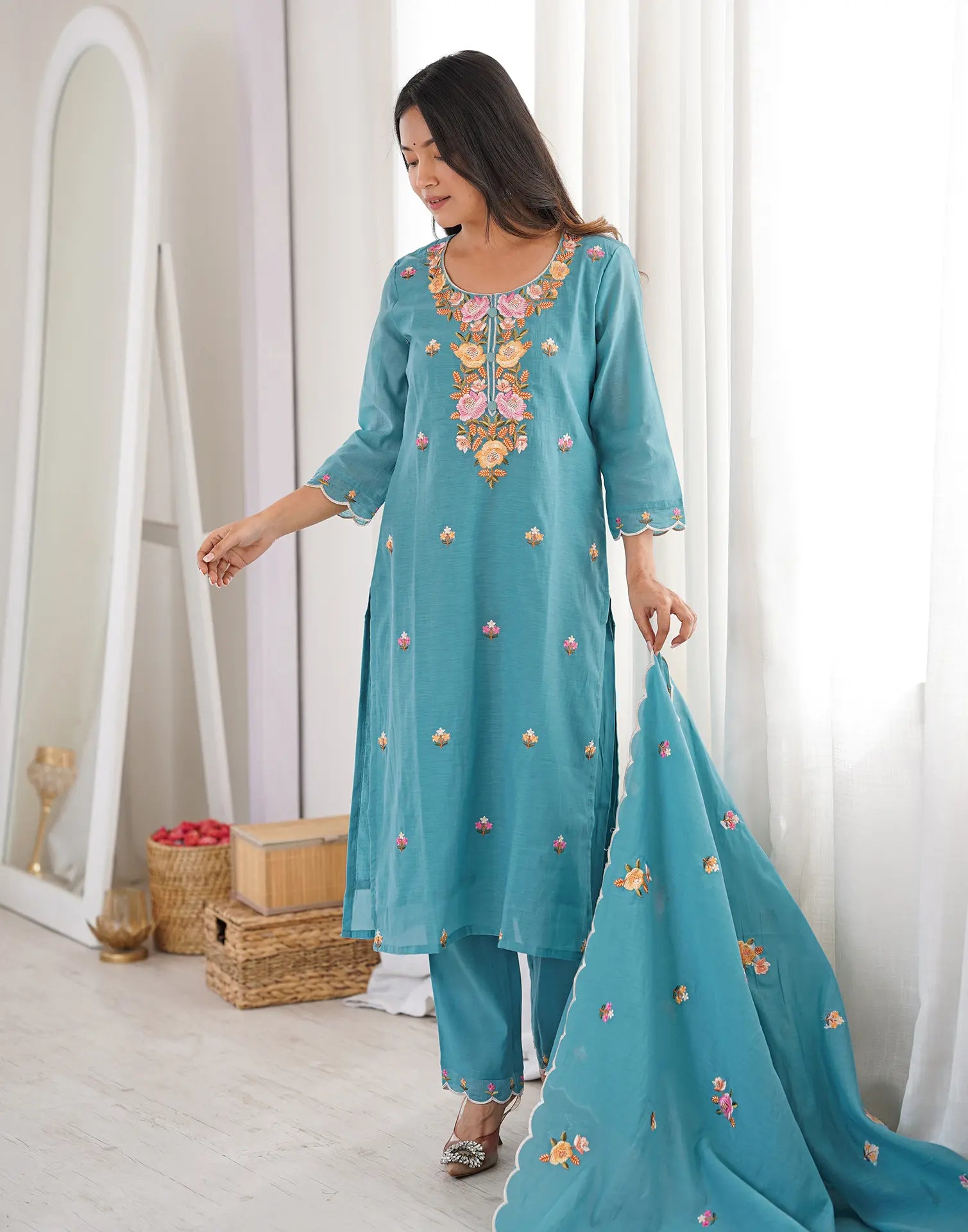 Dark Baby Blue Round Neck Embroidered Straight 3 Piece Kurta Set with Dupatta