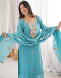 Dark Baby Blue Round Neck Embroidered Straight 3 Piece Kurta Set with Dupatta