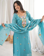 Dark Baby Blue Round Neck Embroidered Straight 3 Piece Kurta Set with Dupatta