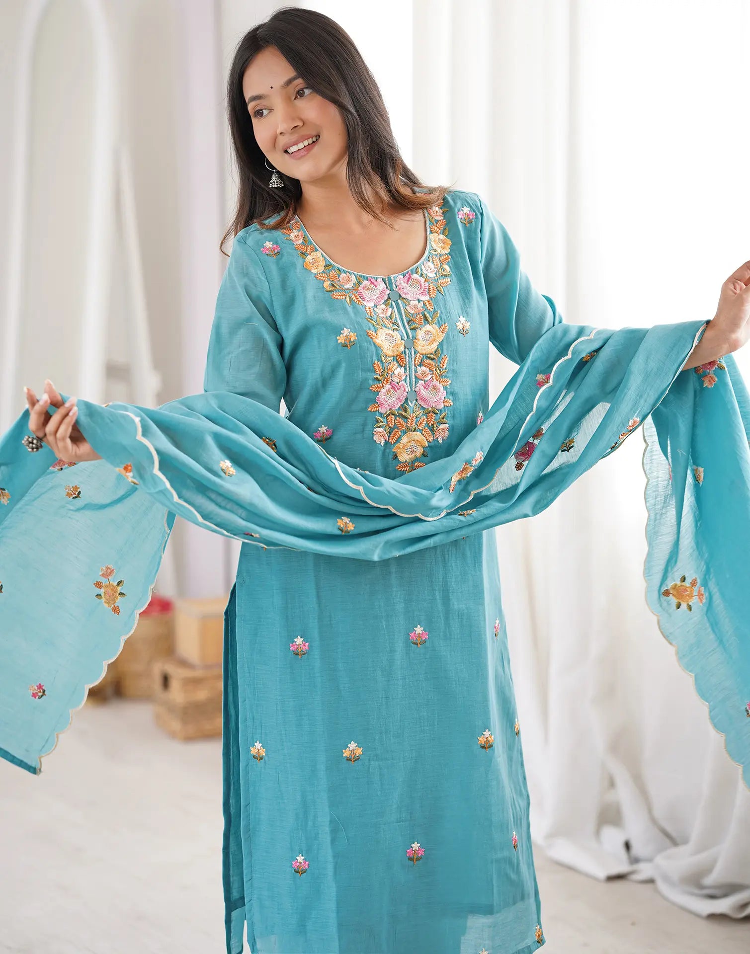 Mul Chanderi Embroidered Straight 3 Piece Kurta Set