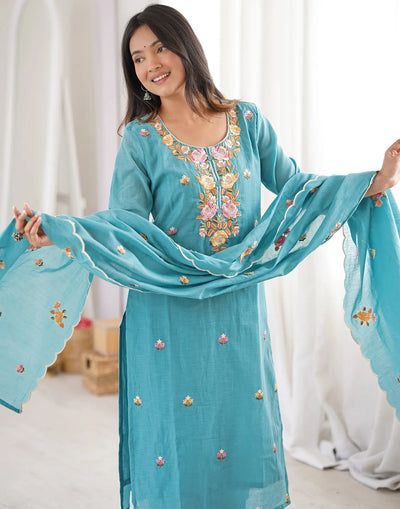 Dark Baby Blue Round Neck Embroidery Straight 3 Piece Kurta Set With Dupatta