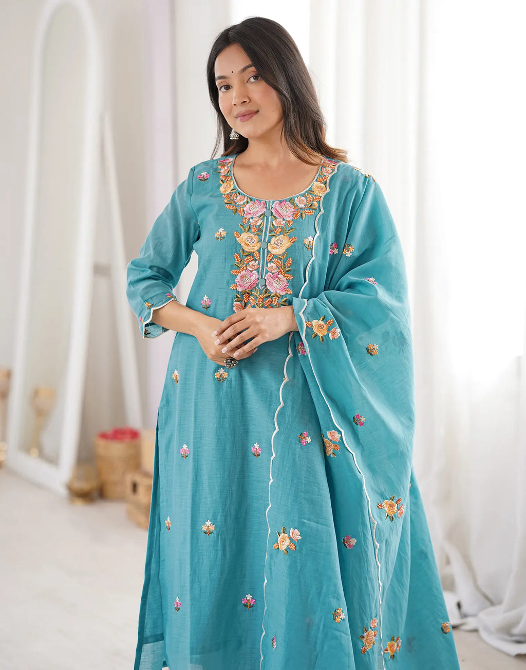 Dark Baby Blue Round Neck Embroidered Straight 3 Piece Kurta Set with Dupatta