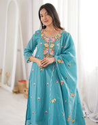 Dark Baby Blue Round Neck Embroidered Straight 3 Piece Kurta Set with Dupatta