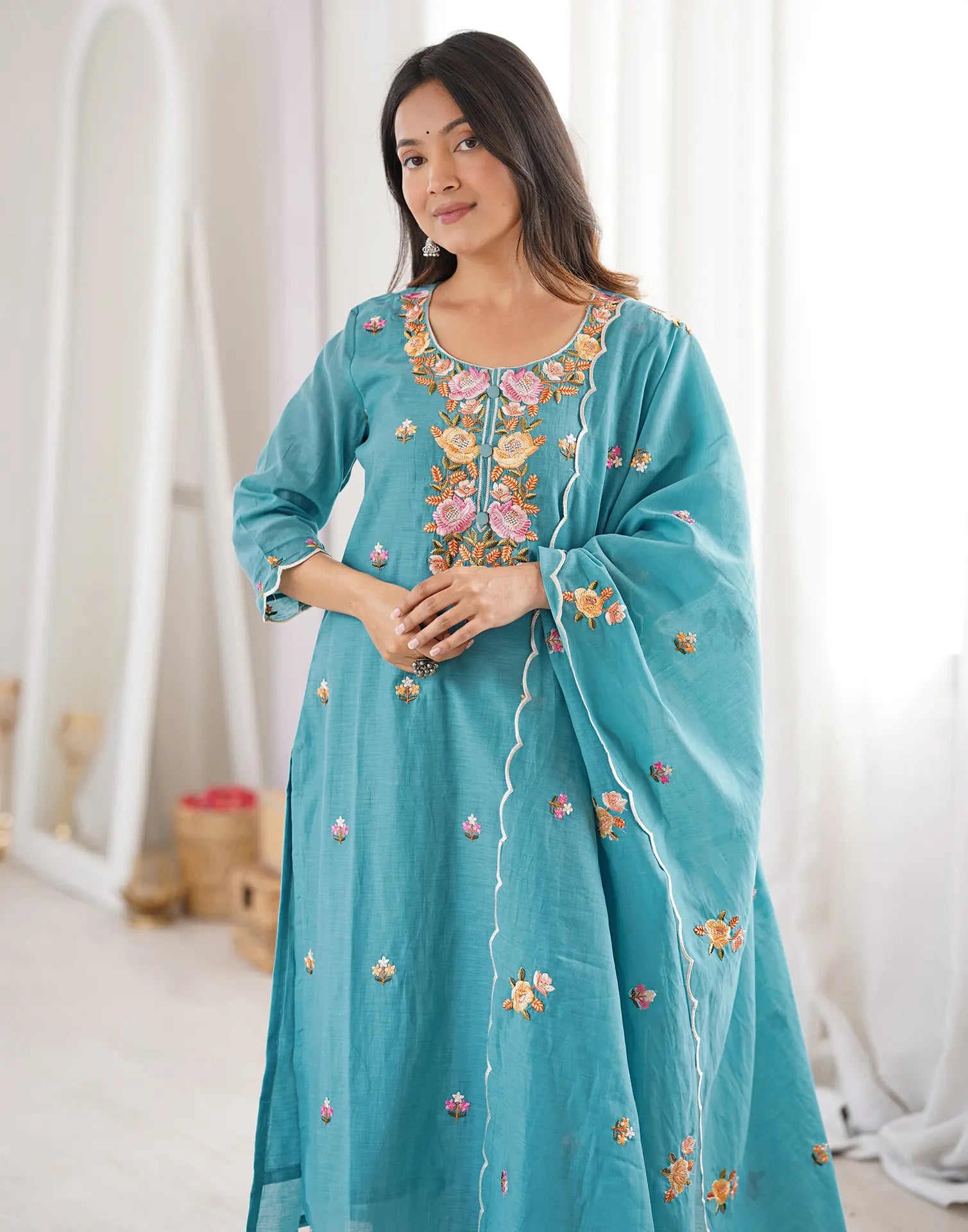 Mul Chanderi Embroidered Straight 3 Piece Kurta Set