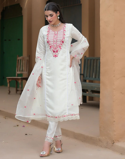 Ivory White Round Neck Floral Embroidered A-Line 3 Piece Kurta Set With Dupatta