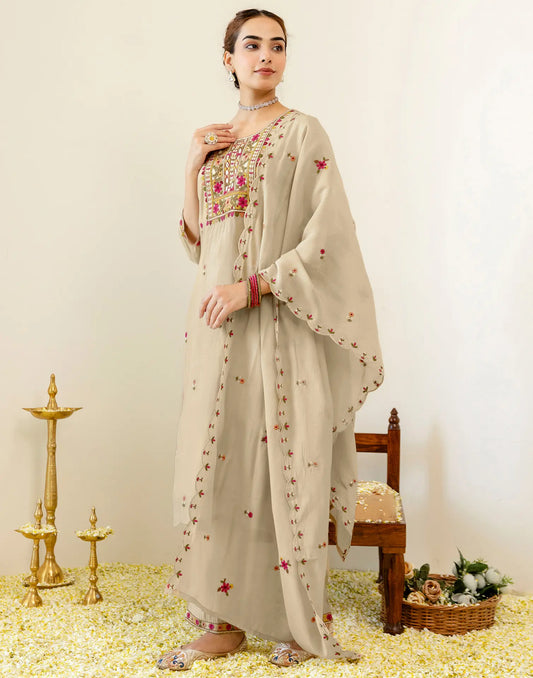 Taupe Beige Round Neck Floral Embroidered Straight 3 Piece Kurta Set With Dupatta