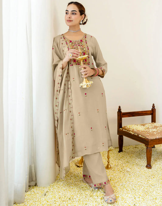 Taupe Beige Round Neck Floral Embroidered Straight 3 Piece Kurta Set With Dupatta