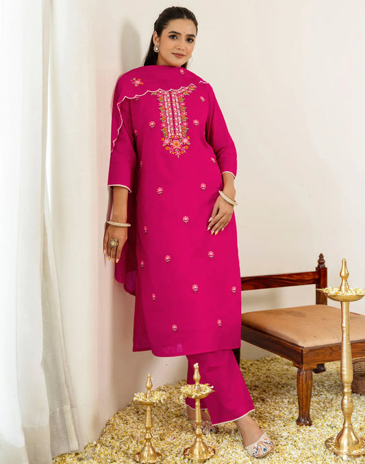 Fuchsia Pink Round Neck Thread Embroidery Straight 3 Piece Kurta Set With Dupatta