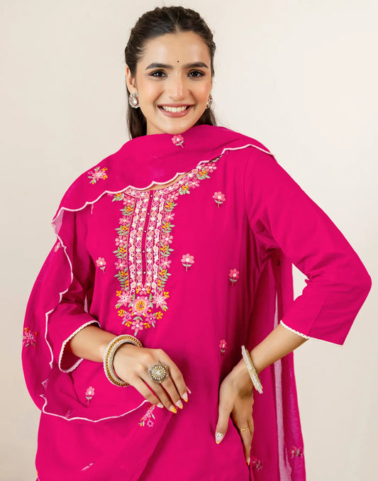 Fuchsia Pink Round Neck Thread Embroidery Straight 3 Piece Kurta Set With Dupatta