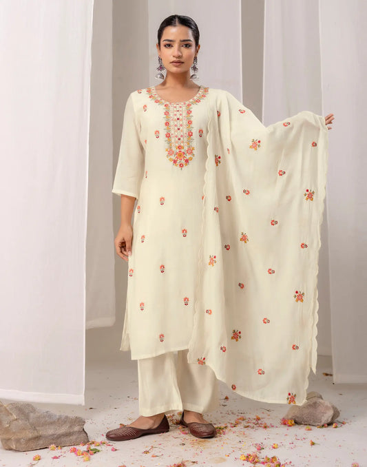 Chanderi Embroidered Straight 3 Piece Kurta Set