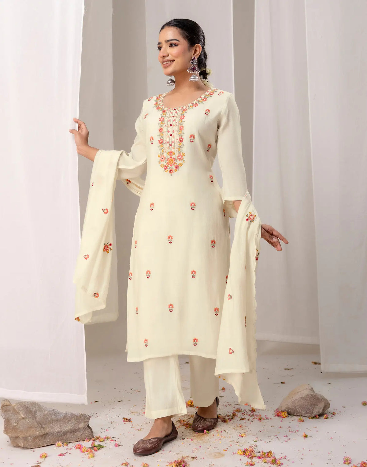 Chanderi Embroidered Straight 3 Piece Kurta Set