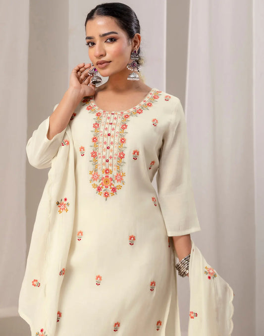 Ivory Round Neck Floral Thread Embroidered Straight 3-Piece Kurta Set with Dupatta