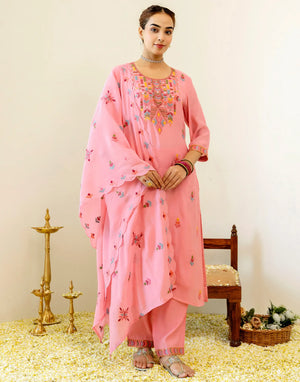 Chanderi Embroidered Straight 3 Piece Kurta Set
