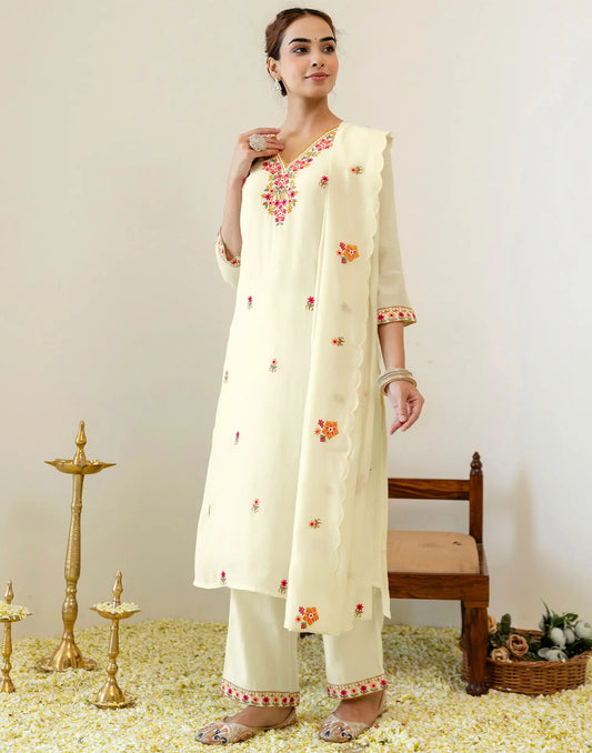 Ivory Cream V-Neck Thread Embroidery Straight 3 Piece Kurta Set With Dupatta