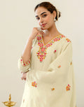 Ivory Cream V-Neck Thread Embroidery Straight 3 Piece Kurta Set With Dupatta