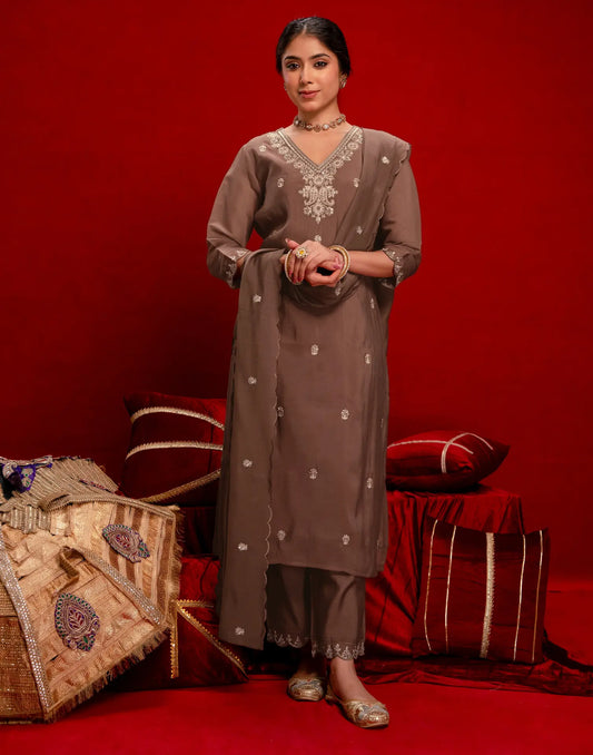 Mocha Brown V-Neck Embellished Straight 3 Piece Kurta Set With Dupatta