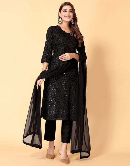 Black Rayon Straight Kurta Set with Sequence Embroidery under 1000