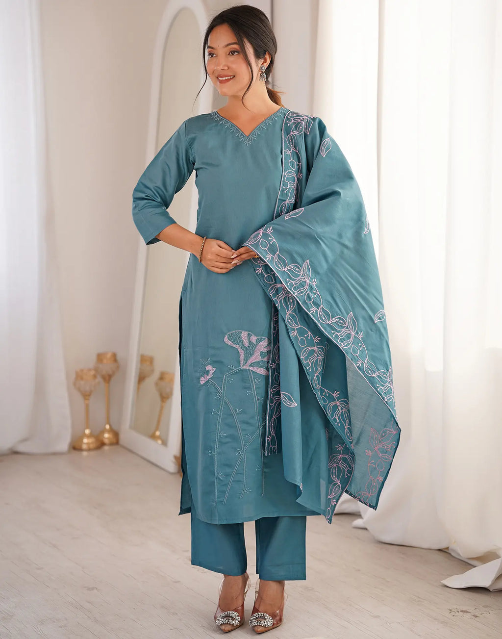 Dusty Teal Blue V-Neck Embroidered Straight 3 Piece Kurta Set with Dupatta