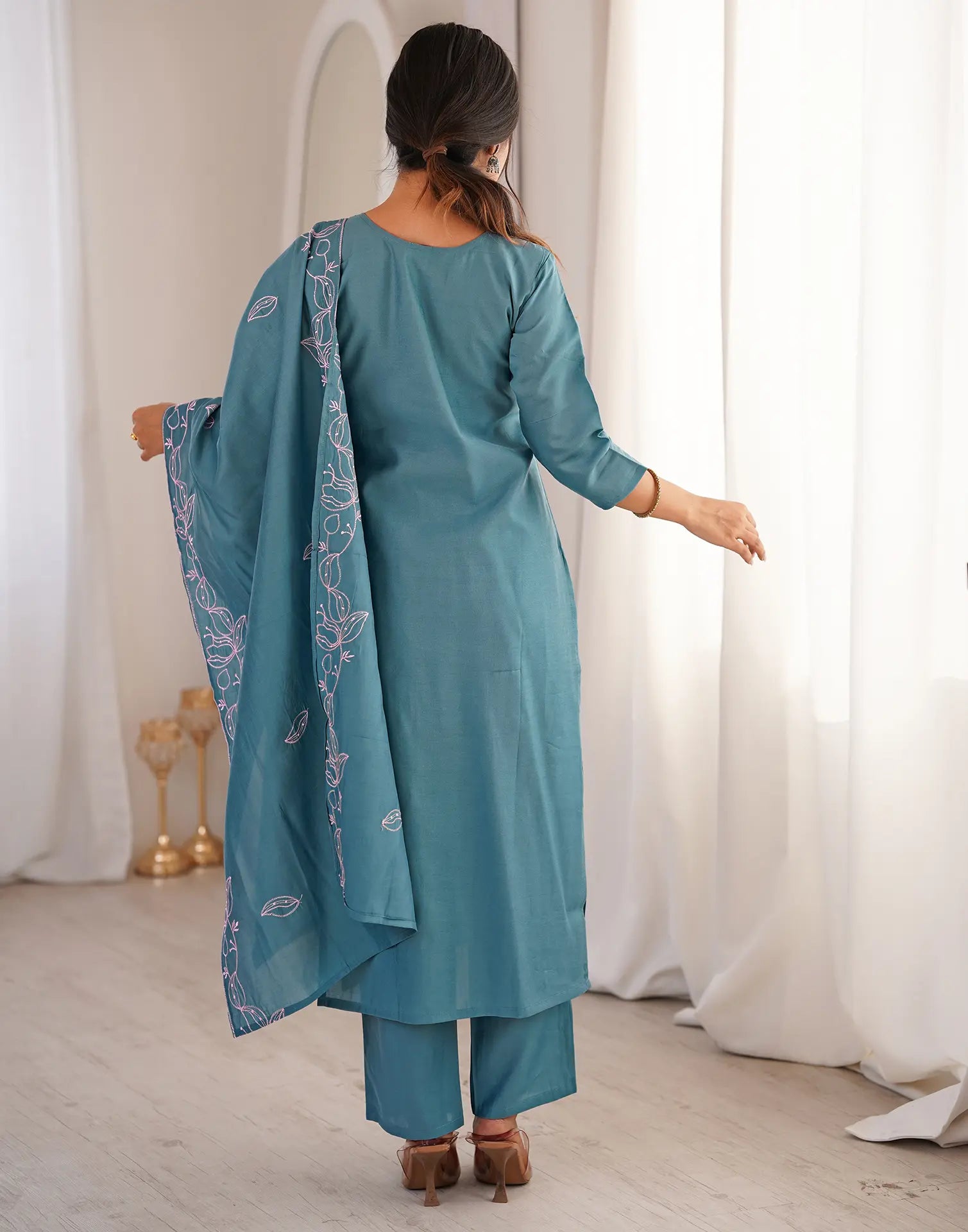 Dusty Teal Blue V-Neck Embroidered Straight 3 Piece Kurta Set with Dupatta