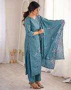 Dusty Teal Blue V-Neck Embroidered Straight 3 Piece Kurta Set with Dupatta