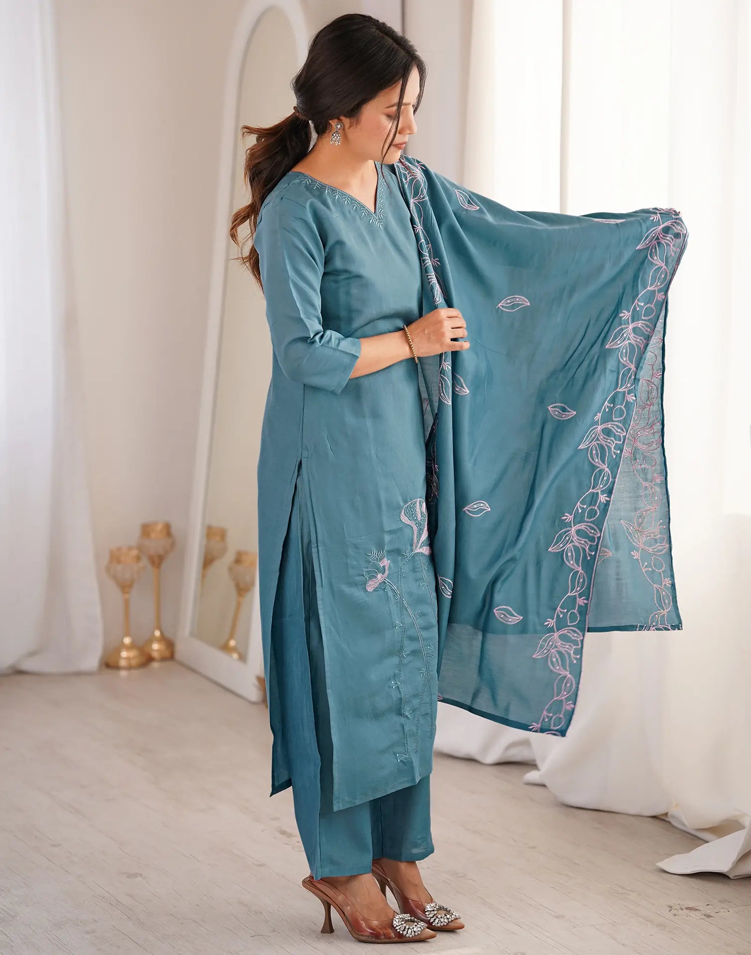 Dusty Teal Blue V-Neck Embroidered Straight 3 Piece Kurta Set with Dupatta