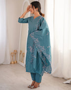 Dusty Teal Blue V-Neck Embroidered Straight 3 Piece Kurta Set with Dupatta