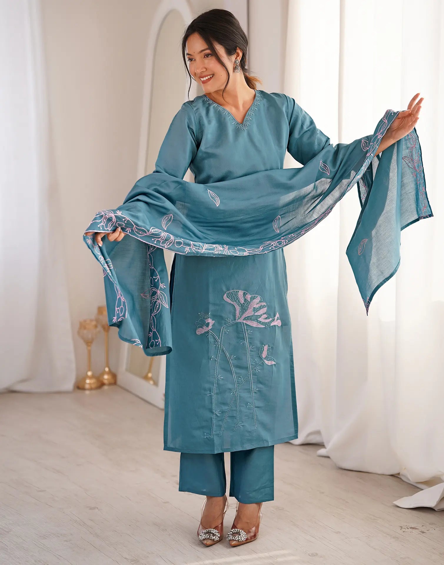 Dusty Teal Blue V-Neck Embroidered Straight 3 Piece Kurta Set with Dupatta