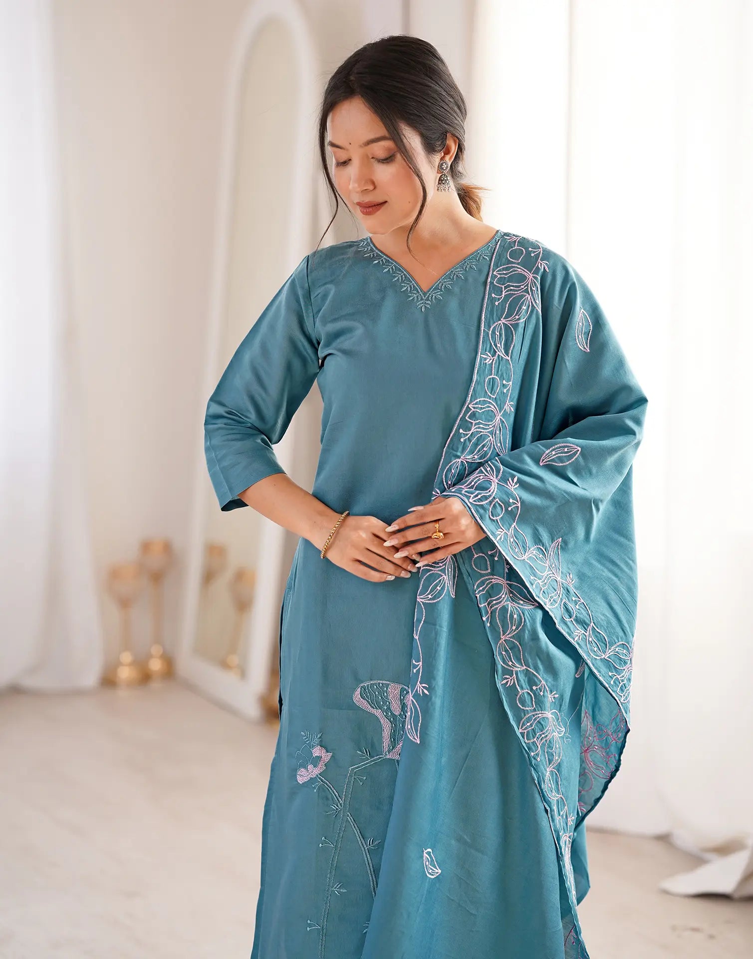 Dusty Teal Blue V-Neck Embroidered Straight 3 Piece Kurta Set with Dupatta