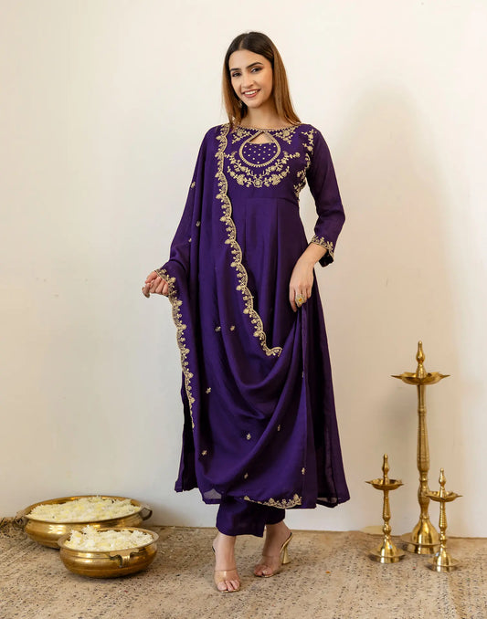 Royal Purple Color Keyhole Neck Embroidery Anarkali 3 Piece Kurta Set With Dupatta