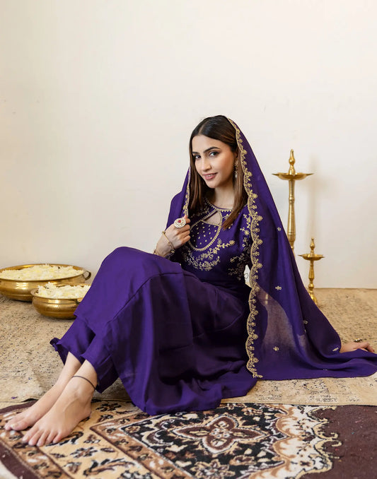 Royal Purple Color Keyhole Neck Embroidery Anarkali 3 Piece Kurta Set With Dupatta