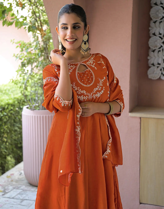 Poly Chinnon Embroidered Anarkali 3 Piece Kurta Set