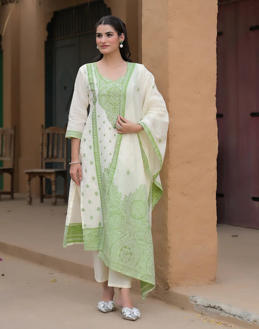 Cotton White Sweetheart Neck Weaving Straight 3 Piece Kurta Set With Dupatta