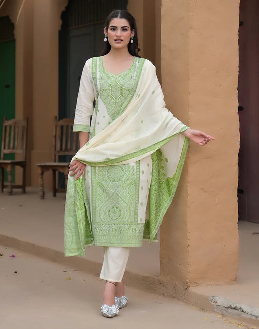 Cotton White Sweetheart Neck Weaving Straight 3 Piece Kurta Set With Dupatta