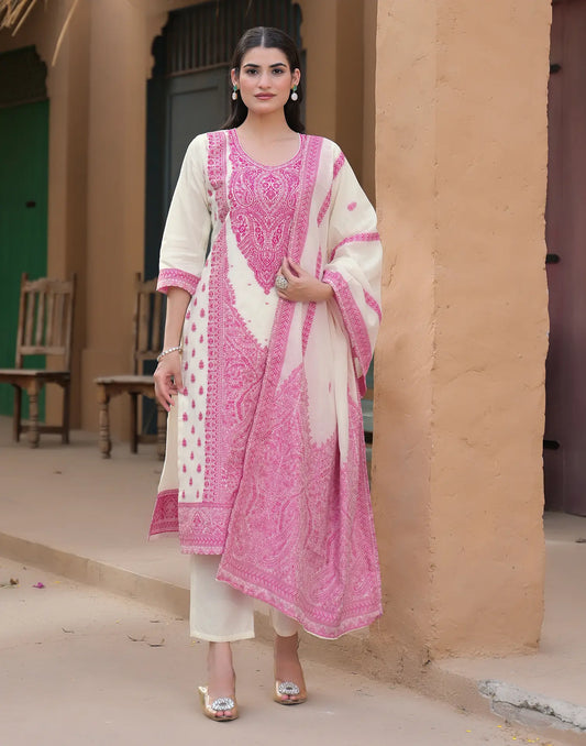 Pearl White Jevel Neck Weaving Straight 3 Piece Kurta Set With Dupatta