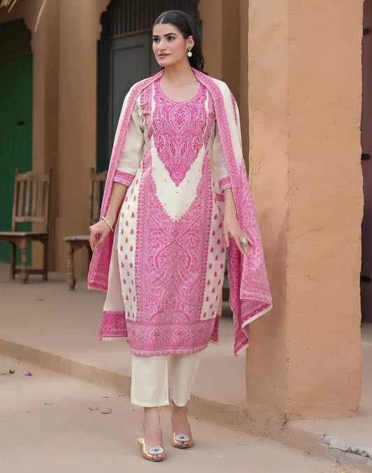 Pearl White Jevel Neck Weaving Straight 3 Piece Kurta Set With Dupatta