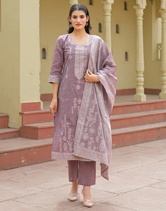 Dusty Mauve Red Notched Round Neck Weaving Straight 3 Piece Kurta Set With Dupatta