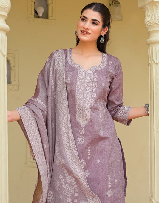 Dusty Mauve Red Notched Round Neck Weaving Straight 3 Piece Kurta Set With Dupatta
