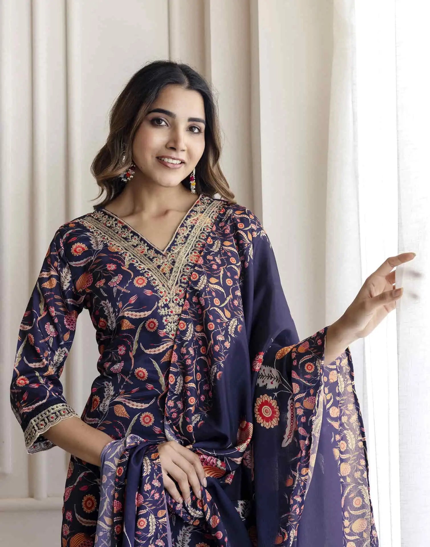 Blue Cotton Printed Straight Kurta Set with Pant & Dupatta for Women under 1299