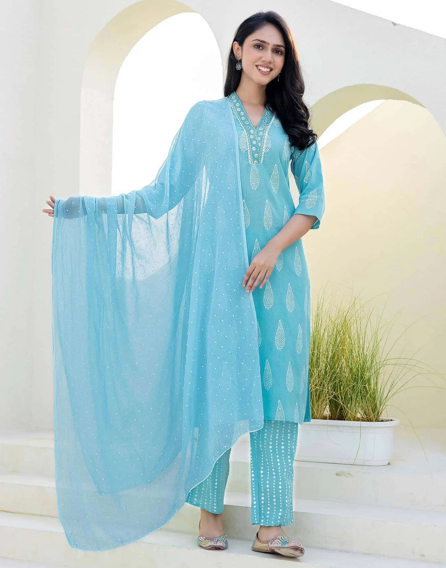Cotton Printed, Embroidery and Sequins Work, Lace Straight Kurta with Pant & Dupatta