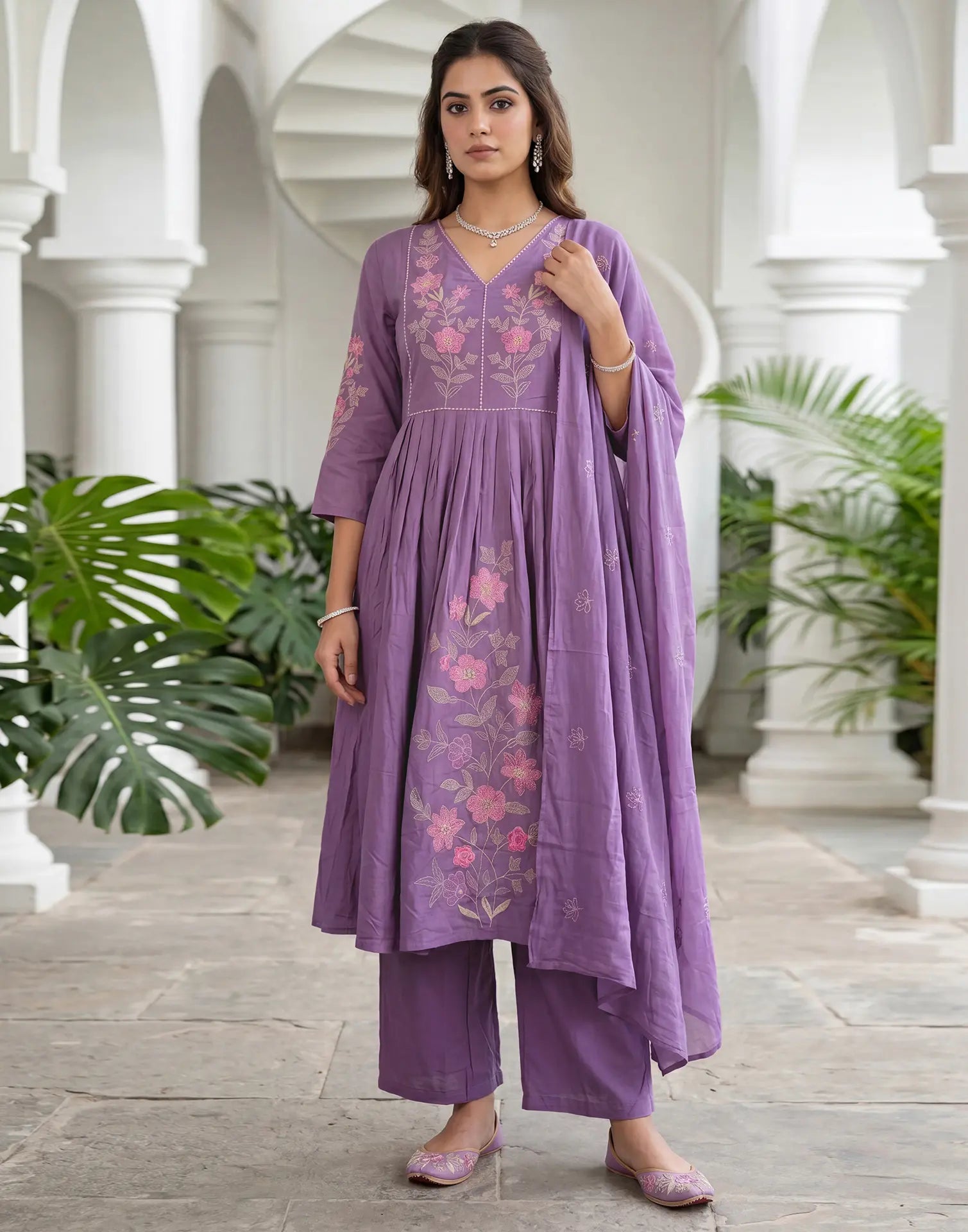 Iris Purple V-Neck Embroidered Anarkali 3 Piece Kurta Set with Dupatta
