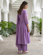 Iris Purple V-Neck Embroidered Anarkali 3 Piece Kurta Set with Dupatta
