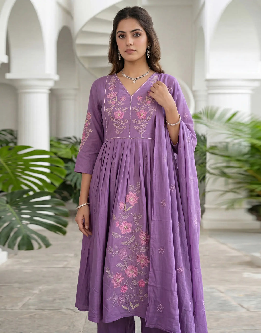 Iris Purple V-Neck Embroidered Anarkali 3 Piece Kurta Set with Dupatta