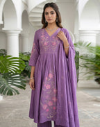 Iris Purple V-Neck Embroidered Anarkali 3 Piece Kurta Set with Dupatta