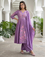 Iris Purple V-Neck Embroidered Anarkali 3 Piece Kurta Set with Dupatta