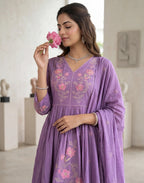 Iris Purple V-Neck Embroidered Anarkali 3 Piece Kurta Set with Dupatta