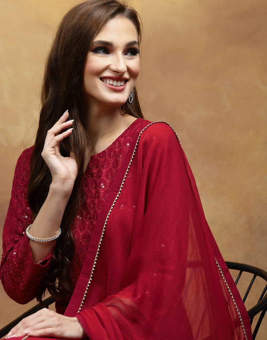 Maroon Rayon Straight Kurta Set with Sequence Embroidery under 1000
