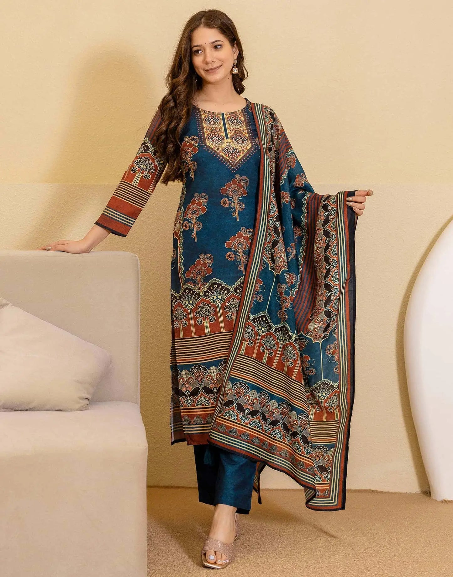 Cotton Printed Straight Kurta with Pant & Dupatta