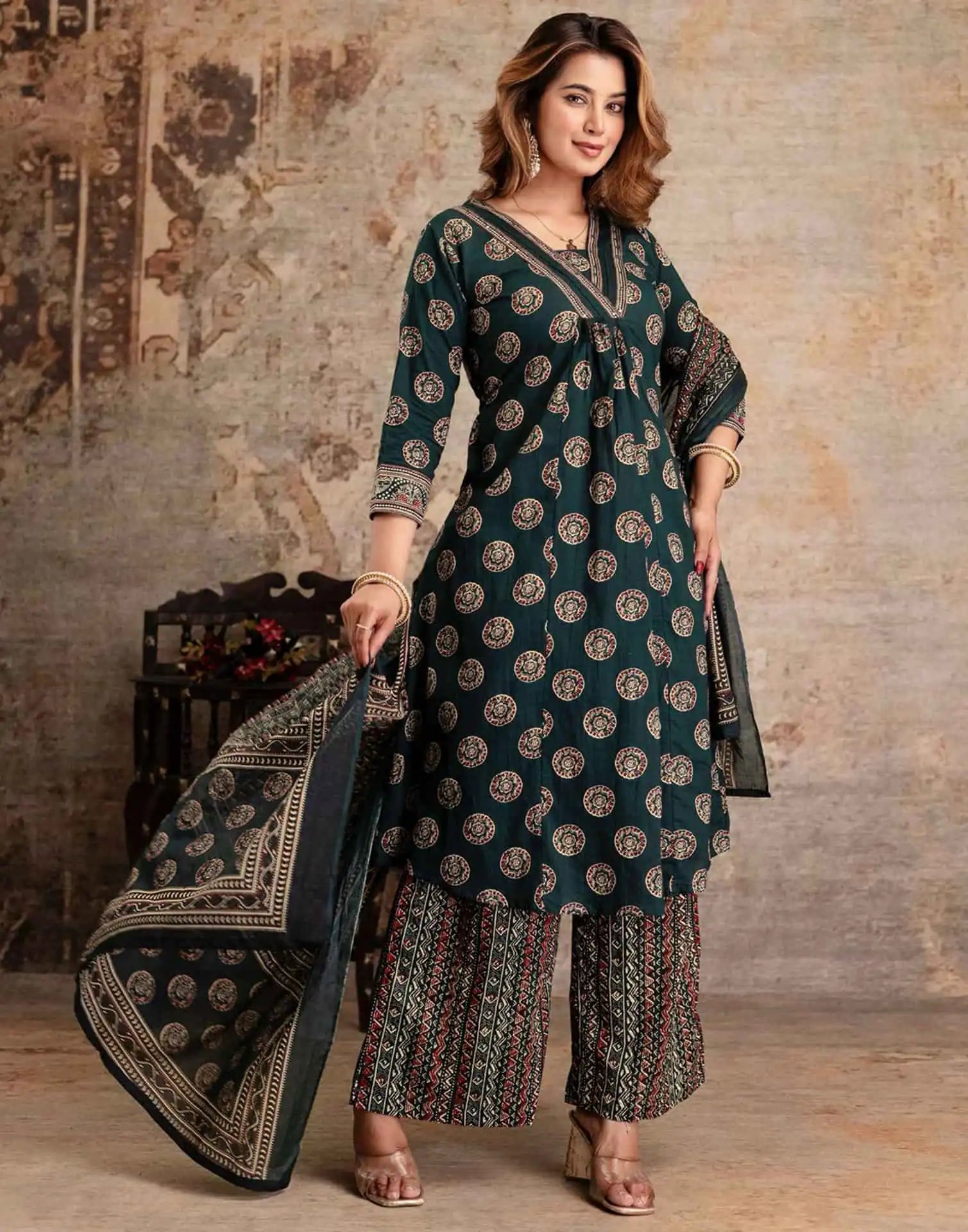 Green Cotton Printed V-Neck Kurta Set with Pant & Dupatta Affordable Ethnic Casual Wear