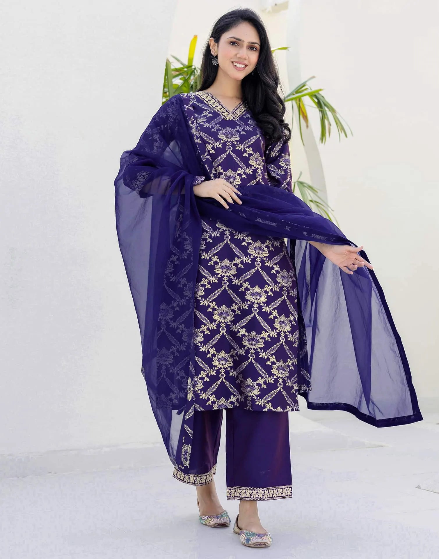Skylee Affordable Purple Silk Foil-Printed Straight Kurta Set under 999