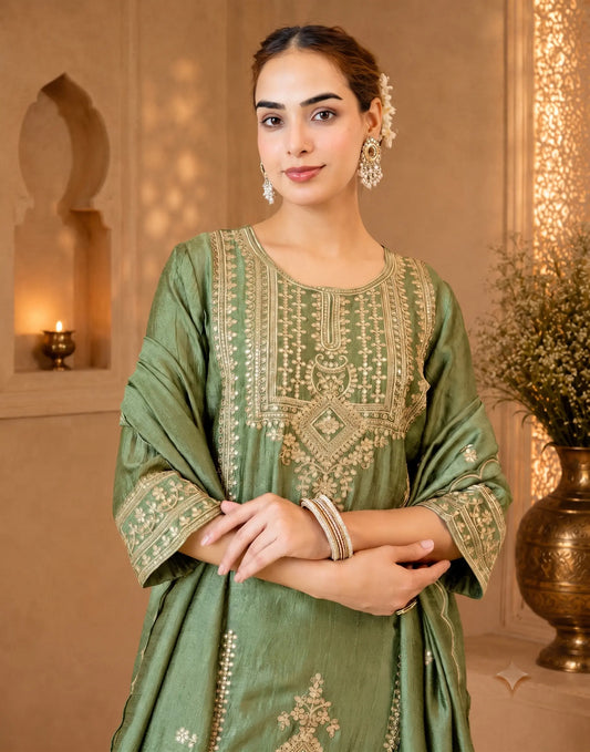 Sage Green Round Neck Heavy Embroidered Palazzo 3 Piece Kurta Set With Dupatta